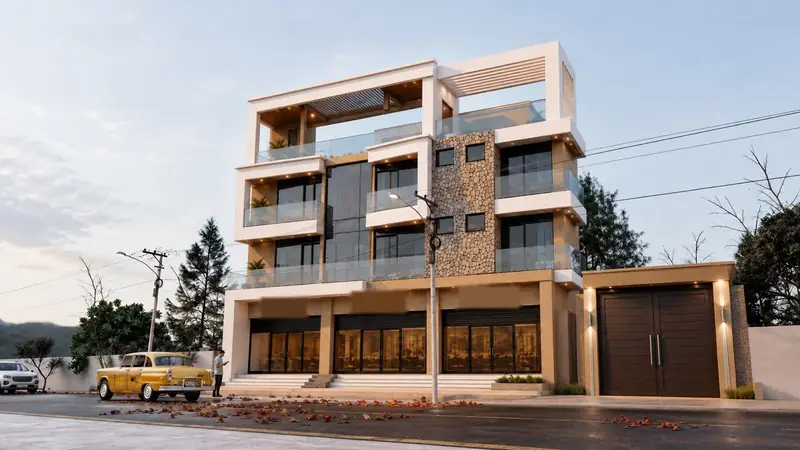 Immeuble mixte R+3 — Commerces au rez-de-chaussée, logements avec balcons vitrés.