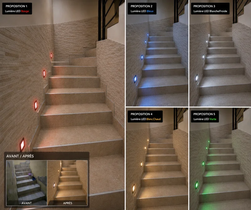 Cage d'escalier, chantier CPA / Mazal — Rénovation d'une cage d'escalier : carrelage, parement et balisage LED.
