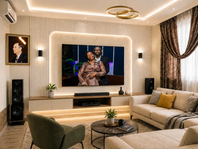 Salon, chantier CPA / Mabiala — Mur TV en lames cannelées et panneau effet marbre rétroéclairé : du rendu à la pose.